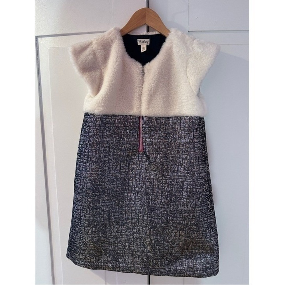 Hatley Girls Faux Fur Metallic Dress Silver Cream Heart Zipper Size 12 Holiday